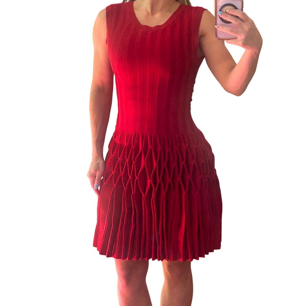 Architectural Lattice Silk-Blend Knit Red Bodycon Mini Dress XS S Holiday Party